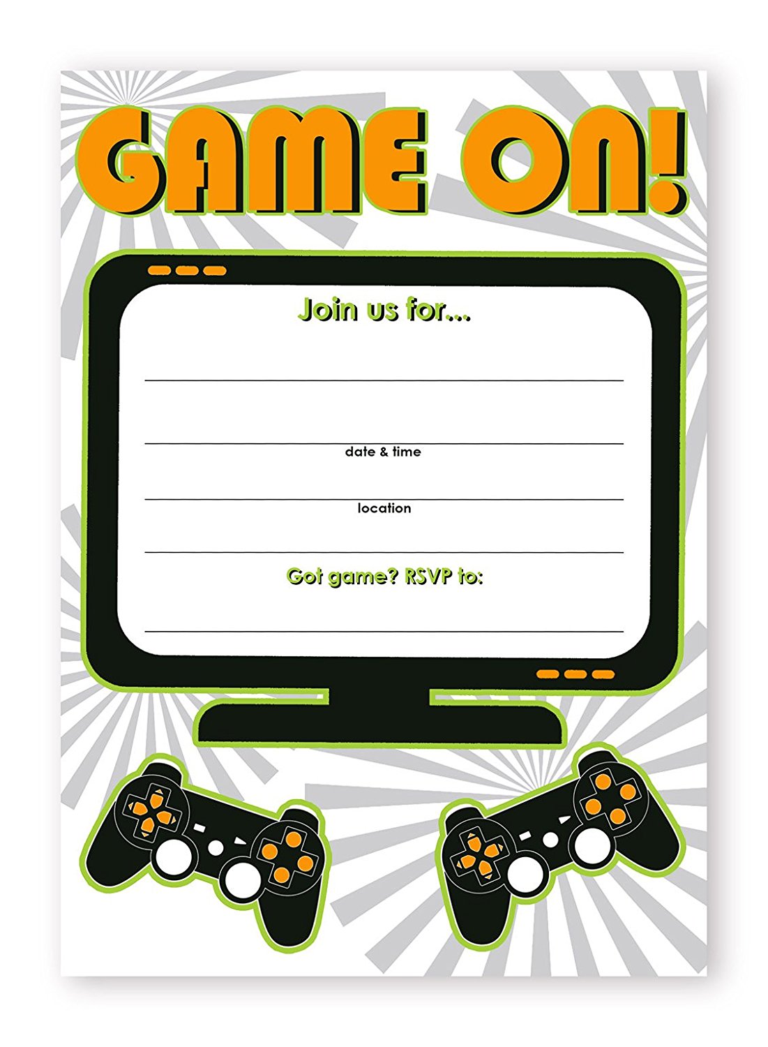 Gaming Party LARGE Invitations 20 Invitations + 20 Envelopes